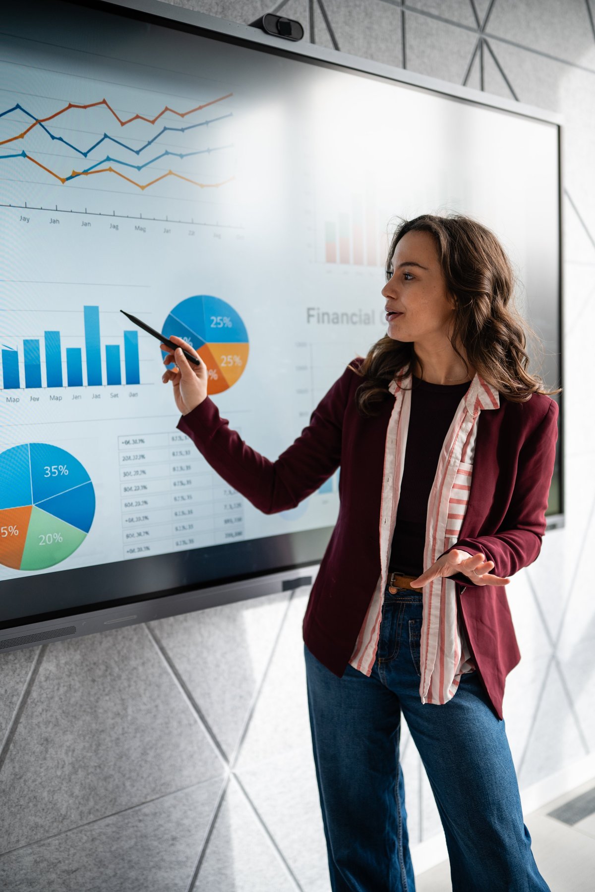 Woman presenting financial data on a digital whiteboard in a modern office
